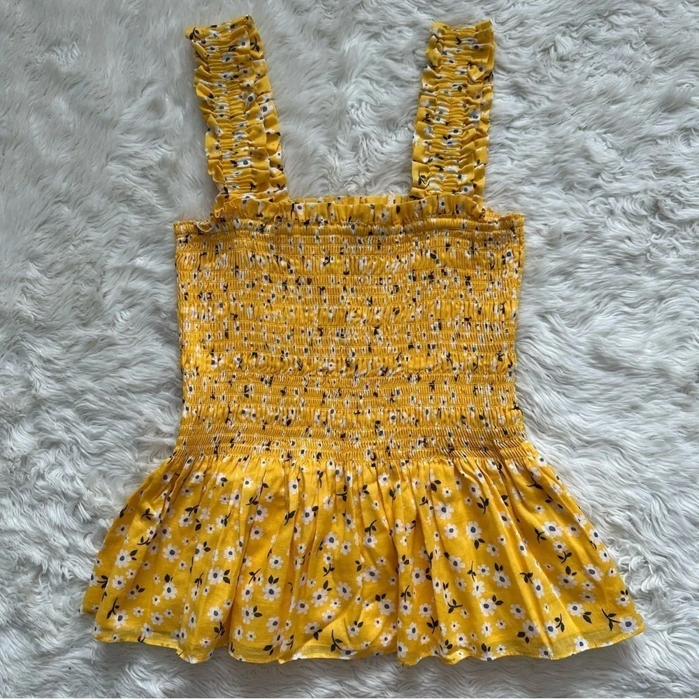 Kate Spade Tank Fleurette Toss Smocked Top 100% Cotton Floral Yellow XS